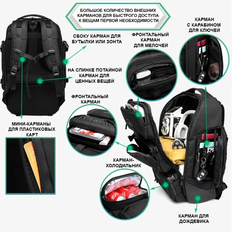 Рюкзак для путешествий OZUKO® 9386 40L Черный