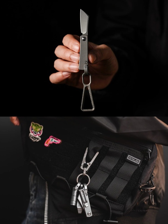 Нож-брелок титановый+М390 флиппер KeyUnity® KK10XS Серый Sandblasted